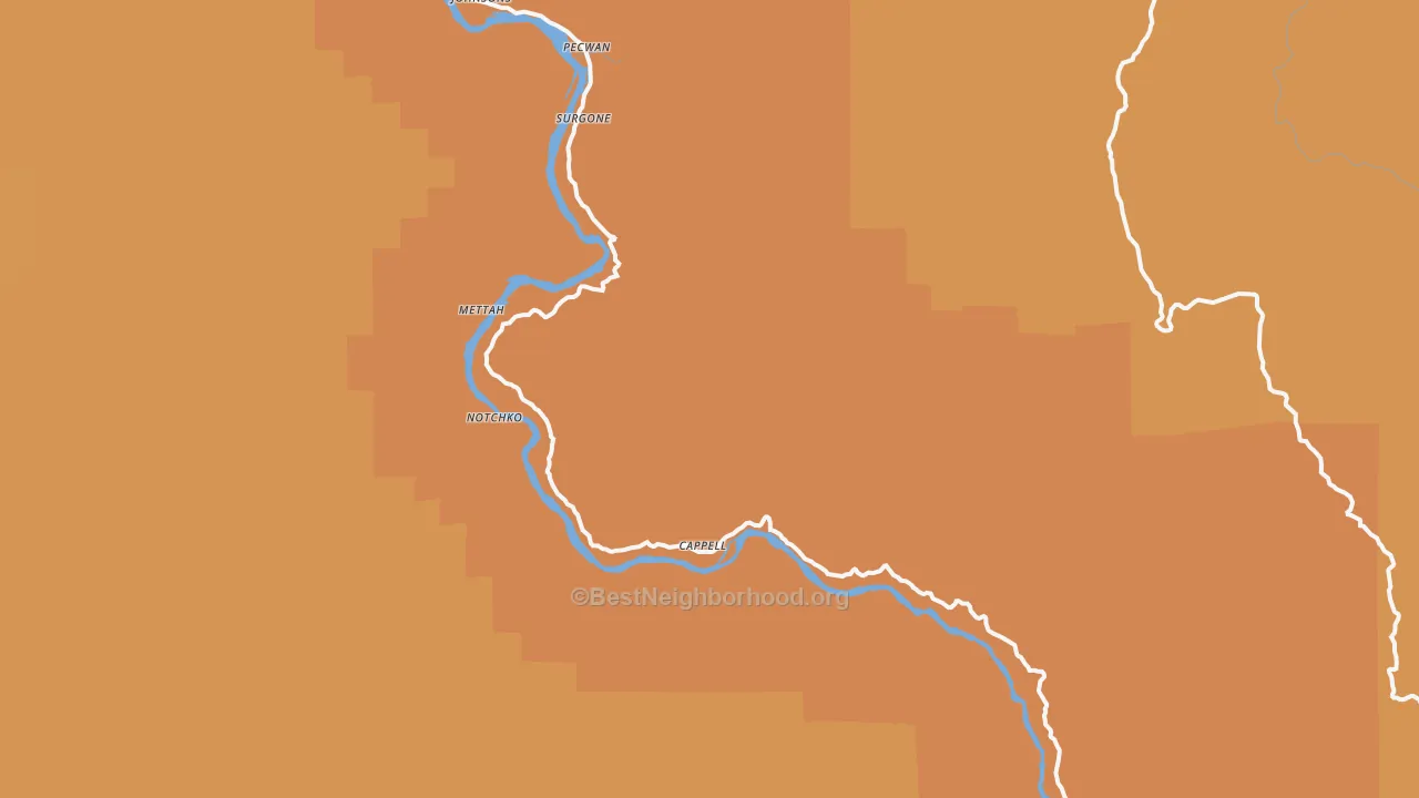 Map of the best neighborhoods in the Pecwan area, with better matches in green and worse matches in red