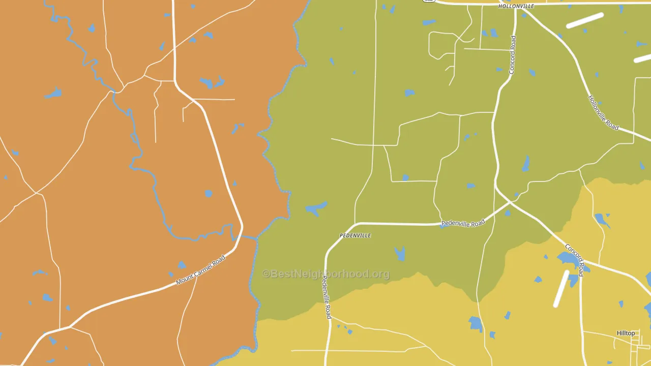 Map of the best neighborhoods in the Pedenville area, with better matches in green and worse matches in red