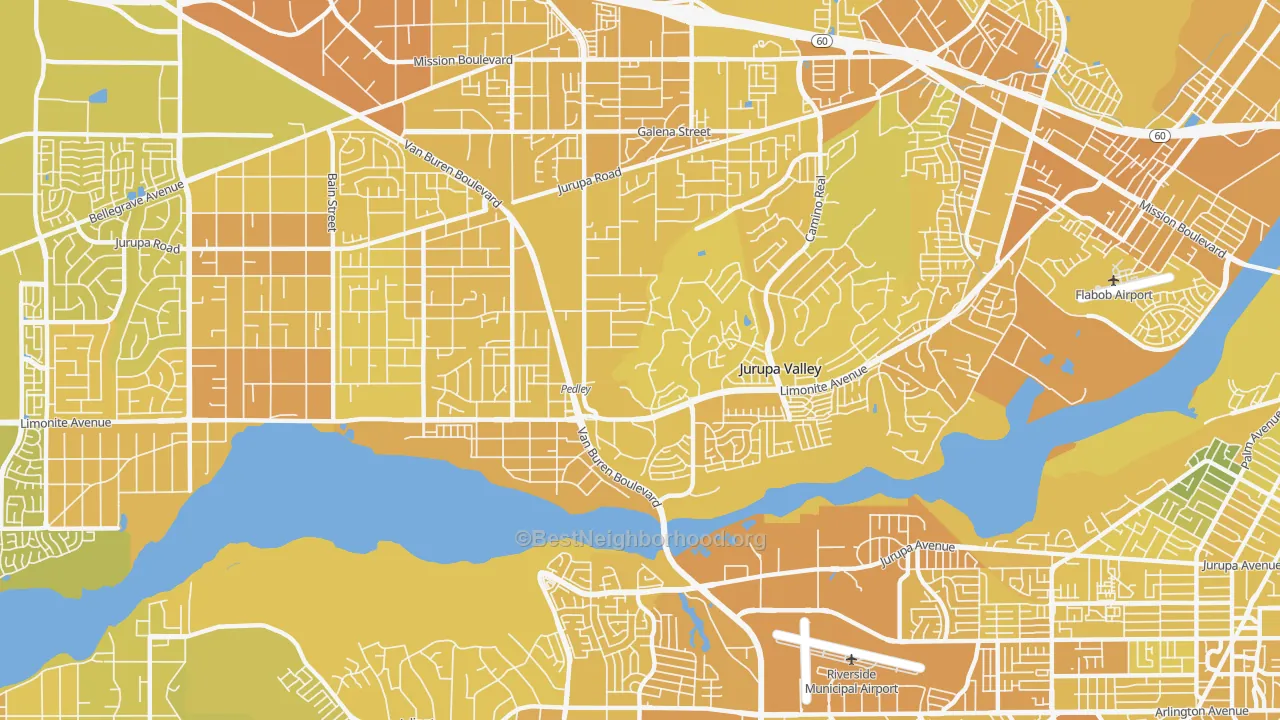 Map of the best neighborhoods in the Pedley area, with better matches in green and worse matches in red