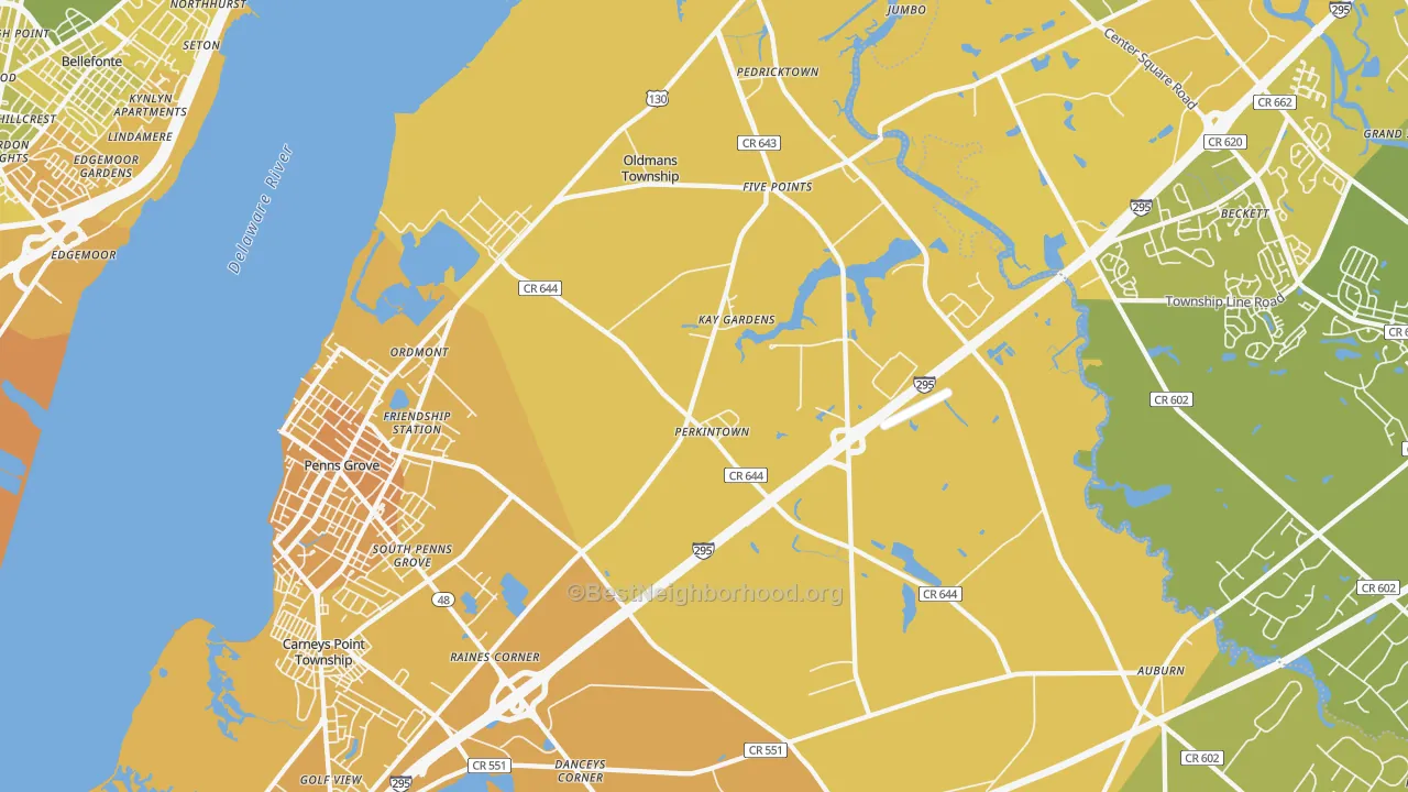 Map of the best neighborhoods in the Pedricktown area, with better matches in green and worse matches in red