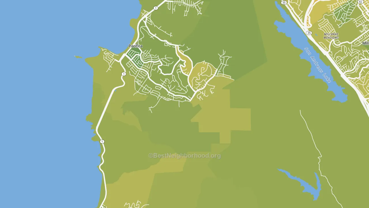 Map of the best neighborhoods in the Pedro Valley area, with better matches in green and worse matches in red