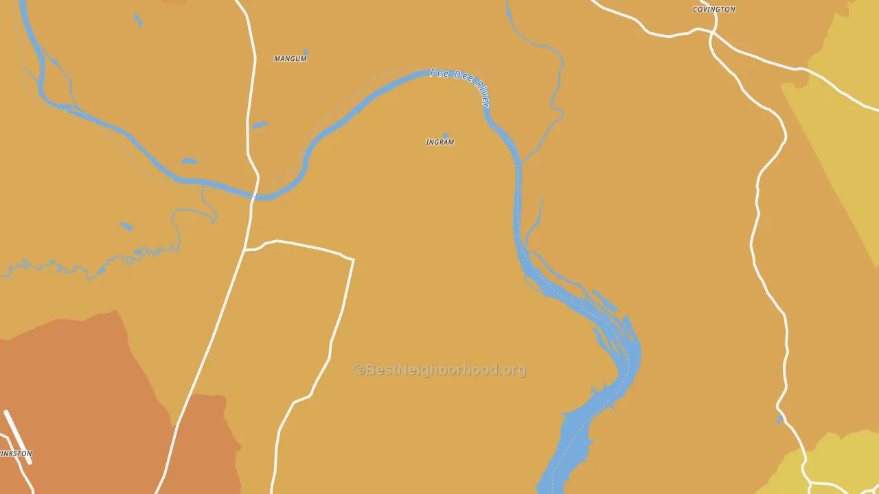 Map of the best neighborhoods in the Pee Dee area, with better matches in green and worse matches in red
