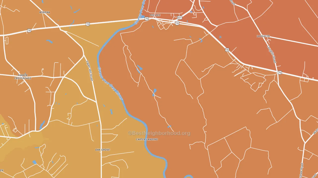 Map of the best neighborhoods in the Pee Dee area, with better matches in green and worse matches in red
