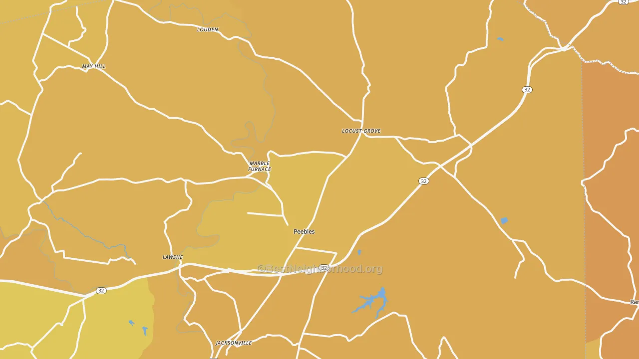 Map of the best neighborhoods in the Peebles area, with better matches in green and worse matches in red