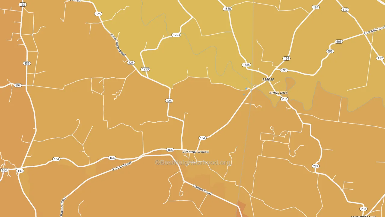 Map of the best neighborhoods in the Peedee area, with better matches in green and worse matches in red