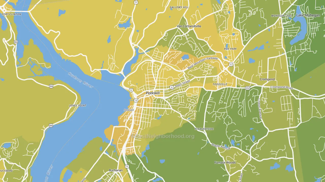 Map of the best neighborhoods in the Peekskill area, with better matches in green and worse matches in red