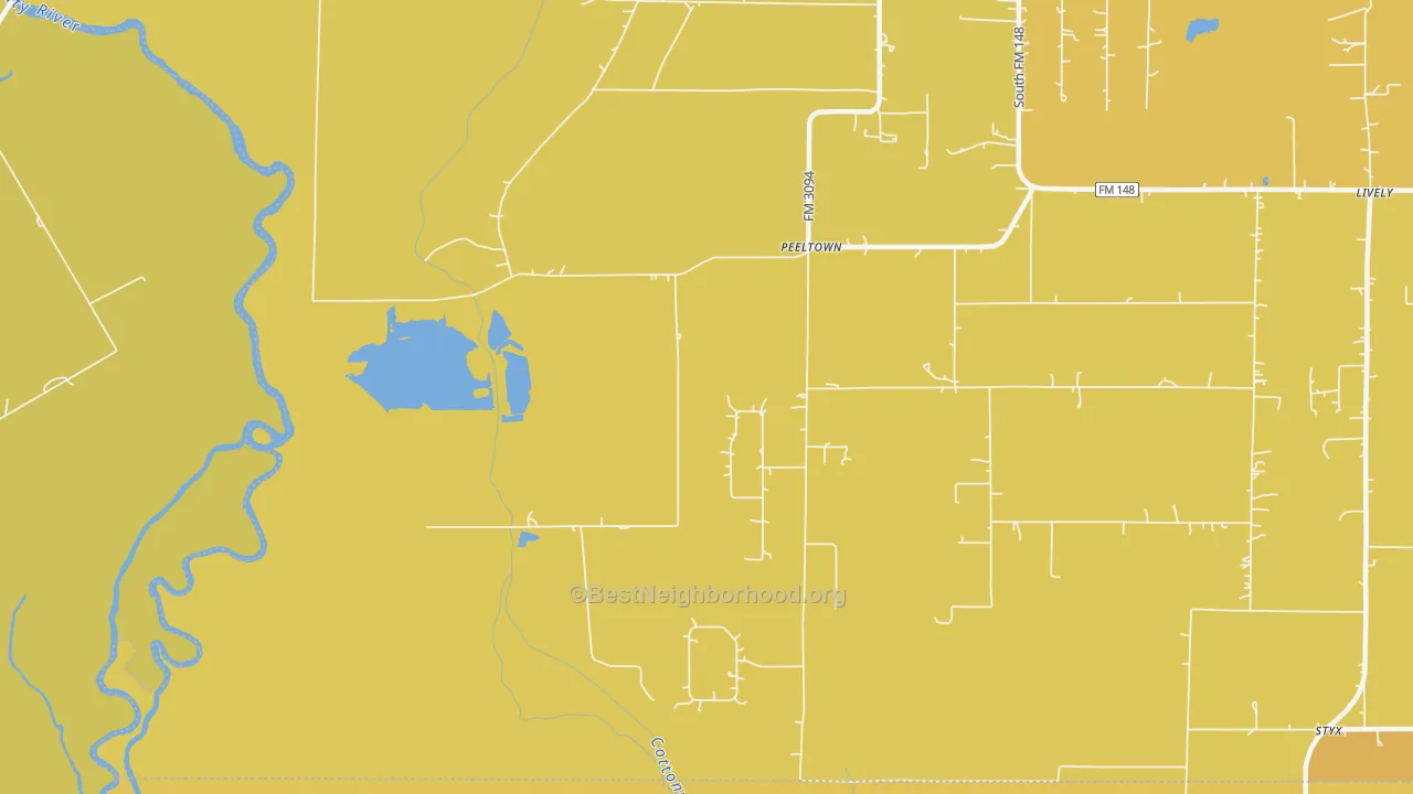 Map of the best neighborhoods in the Peeltown area, with better matches in green and worse matches in red