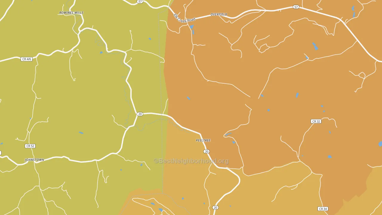 Map of the best neighborhoods in the Peeltree area, with better matches in green and worse matches in red
