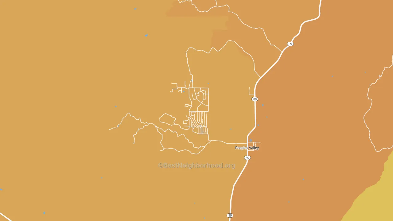 Map of the best neighborhoods in the Peeples Valley area, with better matches in green and worse matches in red