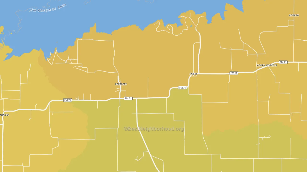 Map of the best neighborhoods in the Peerless area, with better matches in green and worse matches in red