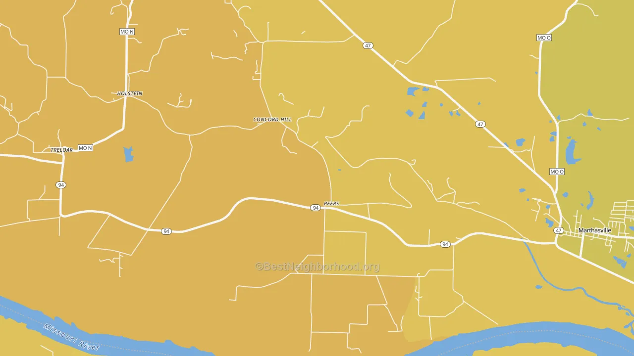 Map of the best neighborhoods in the Peers area, with better matches in green and worse matches in red