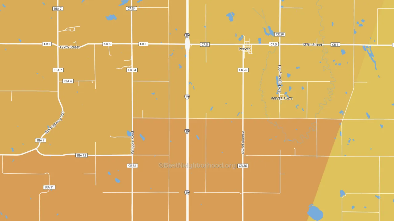 Map of the best neighborhoods in the Peever area, with better matches in green and worse matches in red