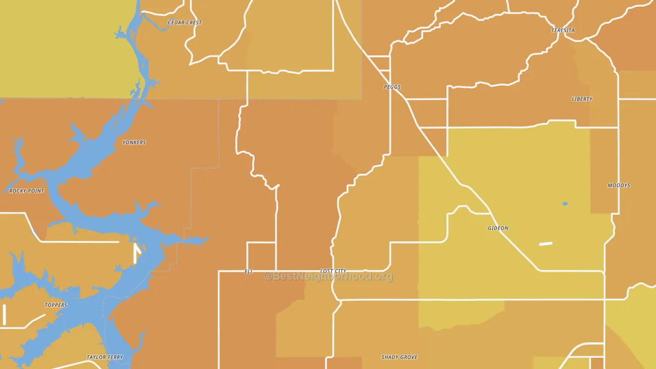 Map of the best neighborhoods in the Peggs area, with better matches in green and worse matches in red