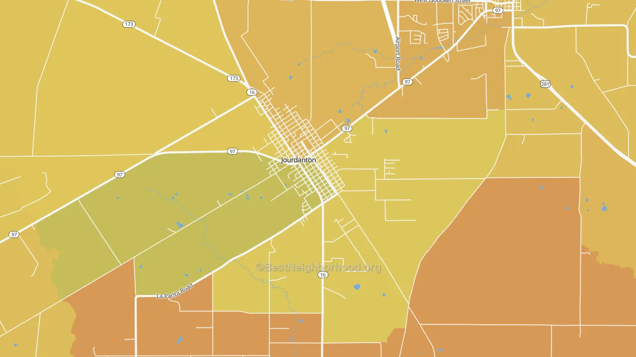 Map of the best neighborhoods in the Peggy area, with better matches in green and worse matches in red