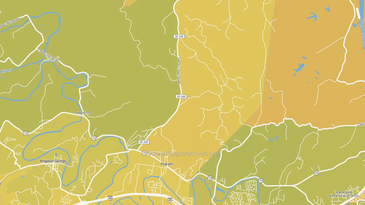Map of the best neighborhoods in the Pegram area, with better matches in green and worse matches in red