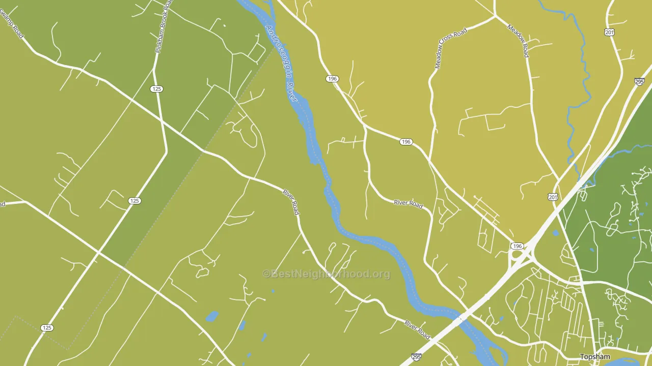 Map of the best neighborhoods in the Pejepscot area, with better matches in green and worse matches in red