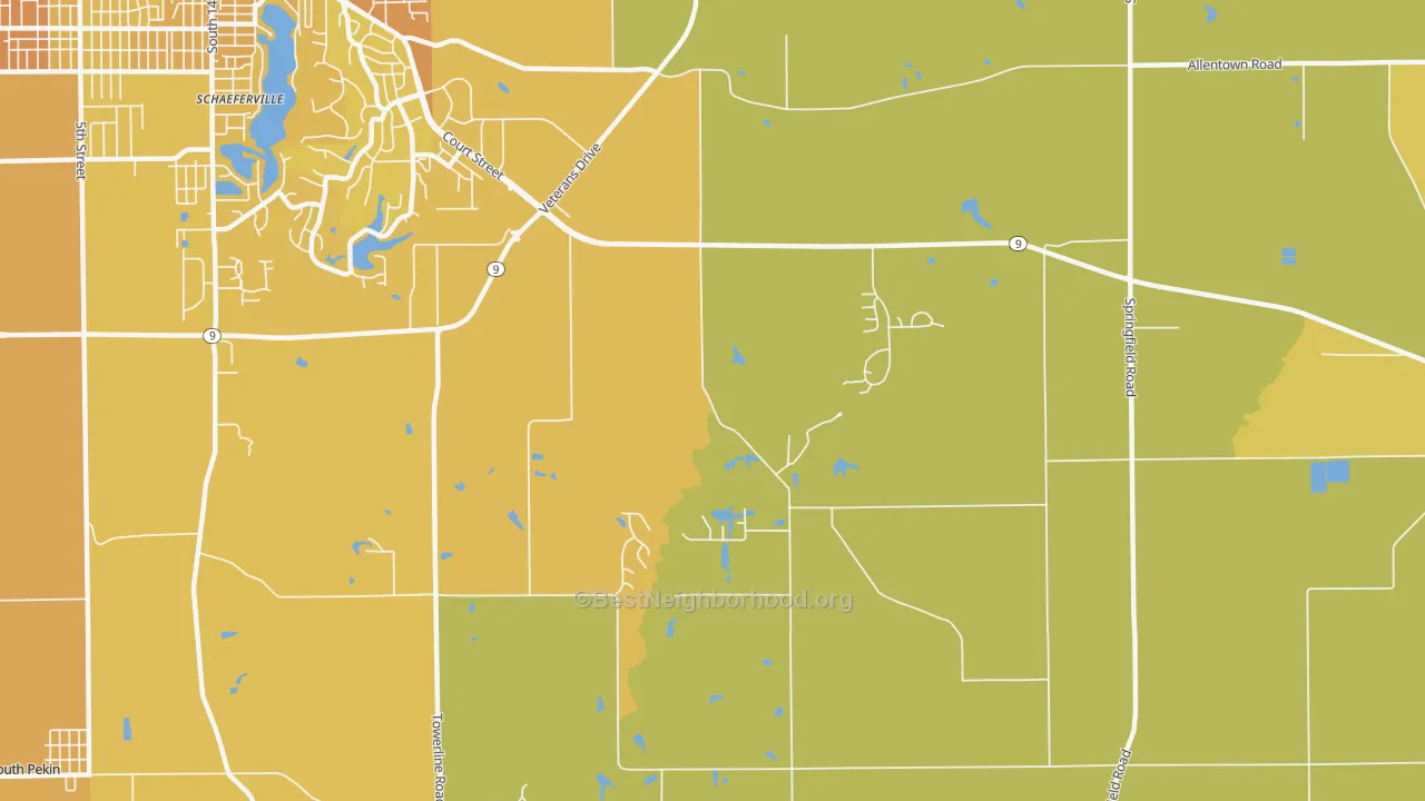 Map of the best neighborhoods in the Pekin Heights area, with better matches in green and worse matches in red