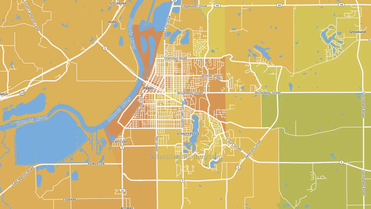 Map of the best neighborhoods in the Pekin area, with better matches in green and worse matches in red