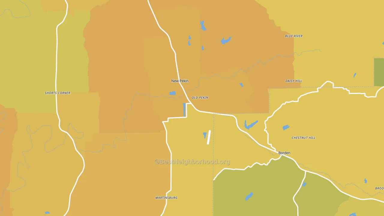 Map of the best neighborhoods in the Pekin area, with better matches in green and worse matches in red