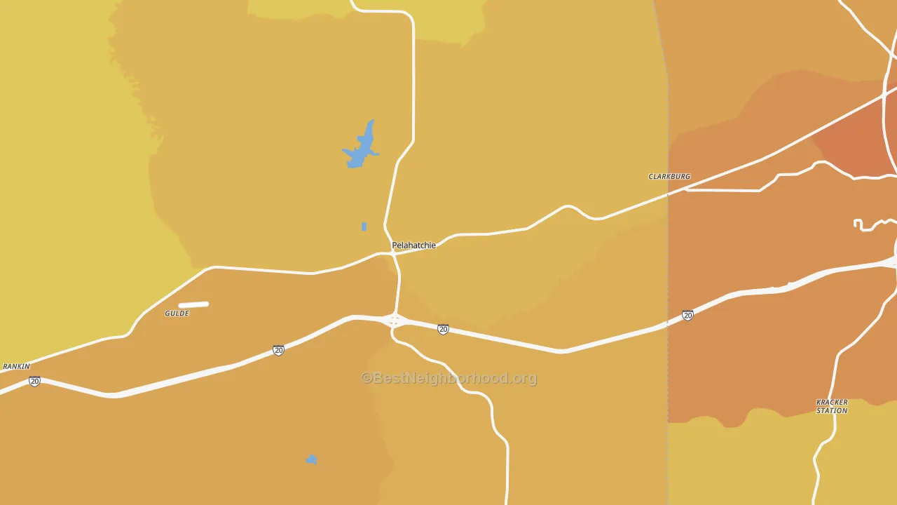 Map of the best neighborhoods in the Pelahatchie area, with better matches in green and worse matches in red