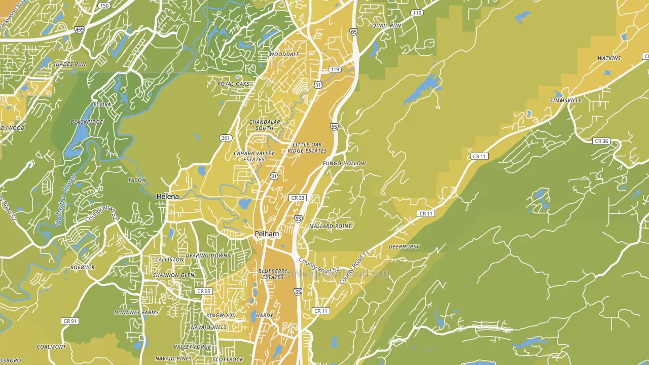 Map of the best neighborhoods in the Pelham area, with better matches in green and worse matches in red