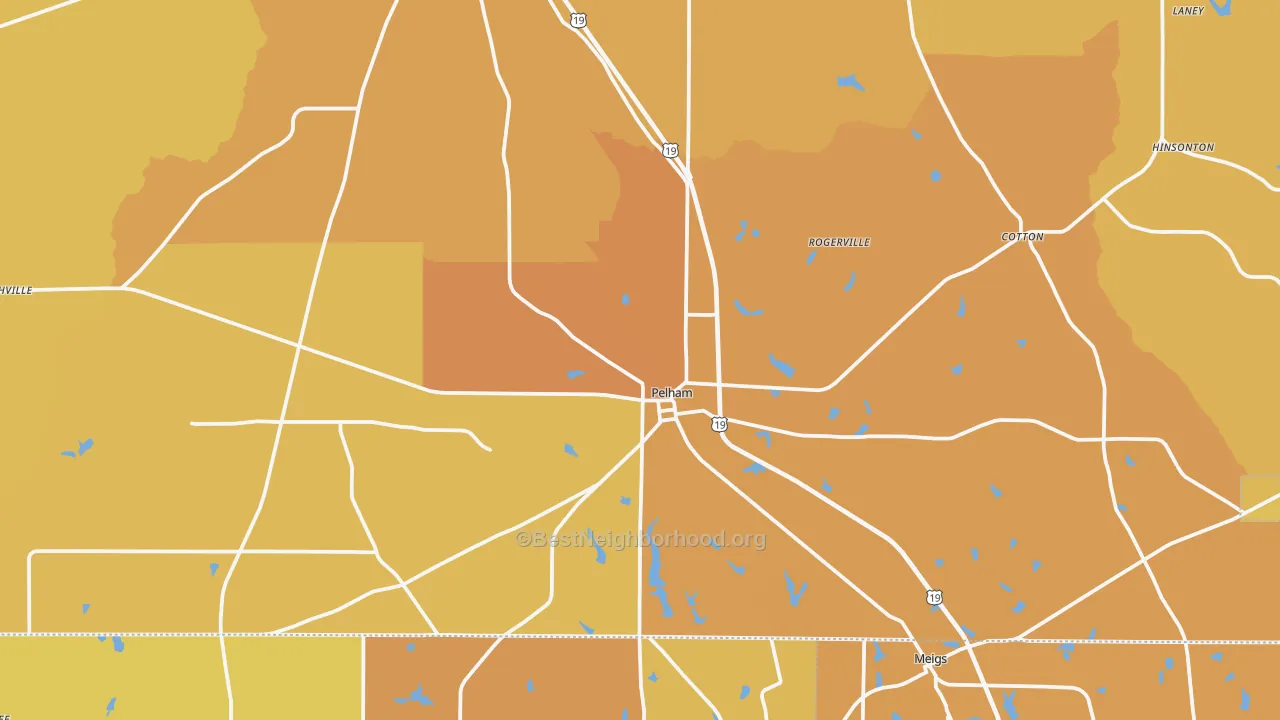 Map of the best neighborhoods in the Pelham area, with better matches in green and worse matches in red