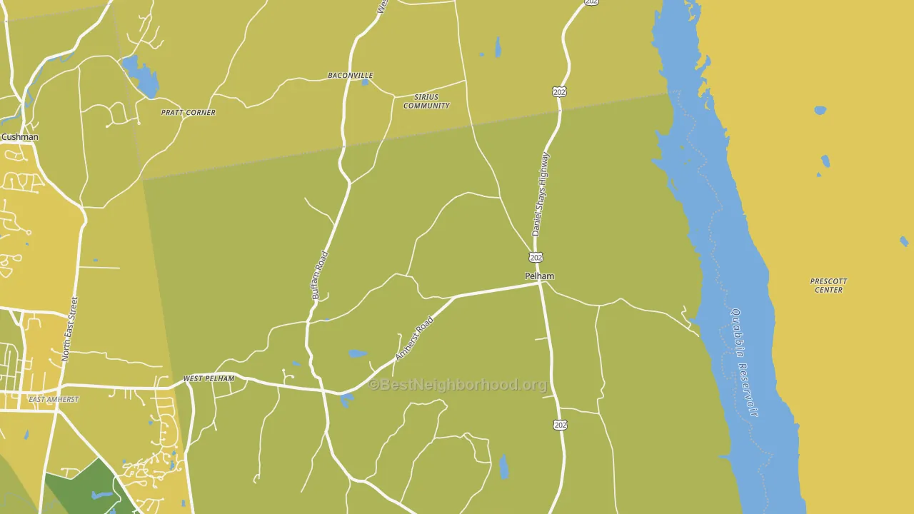 Map of the best neighborhoods in the Pelham area, with better matches in green and worse matches in red