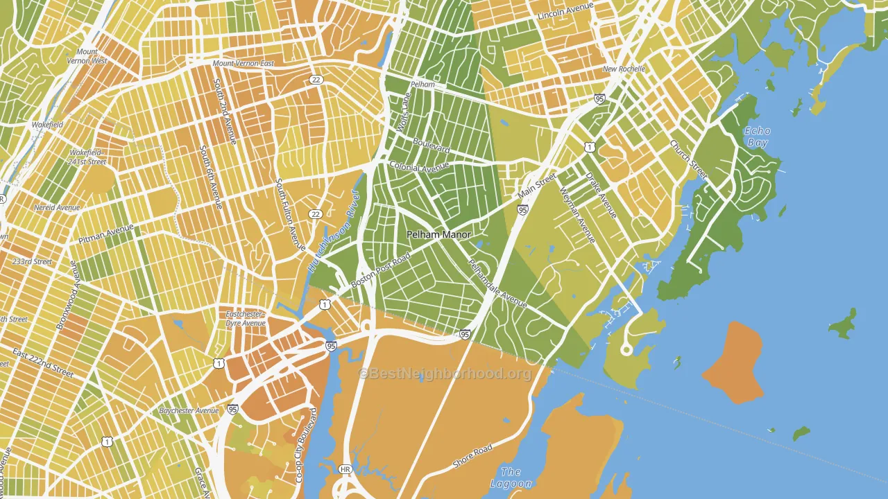 Map of the best neighborhoods in the Pelham Manor area, with better matches in green and worse matches in red
