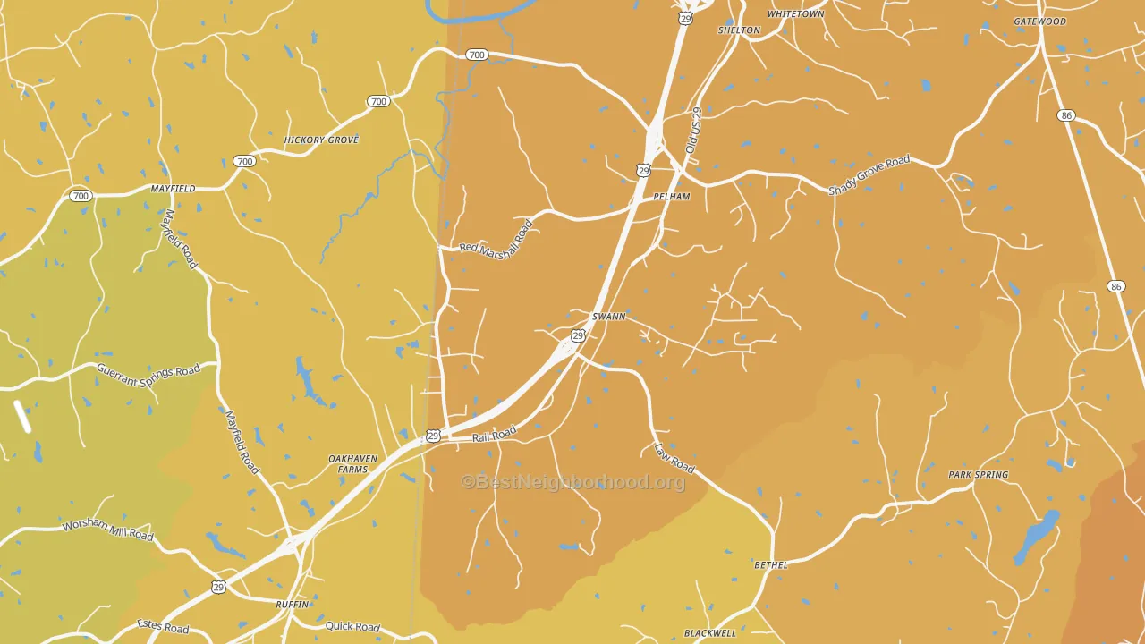 Map of the best neighborhoods in the Pelham area, with better matches in green and worse matches in red