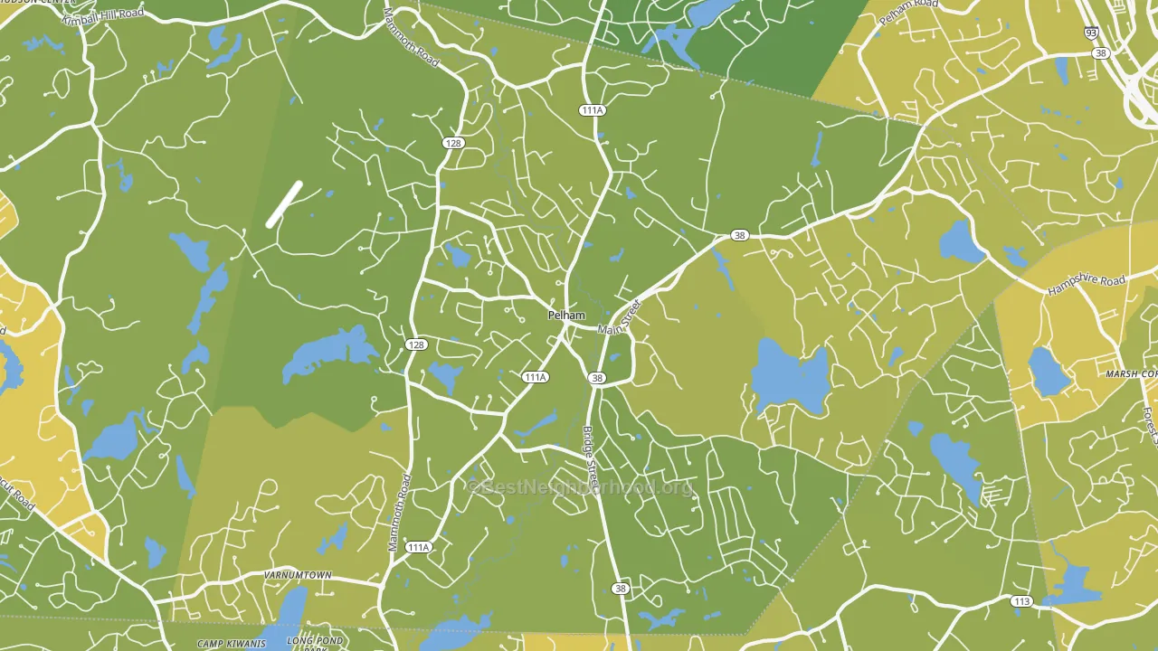 Map of the best neighborhoods in the Pelham area, with better matches in green and worse matches in red