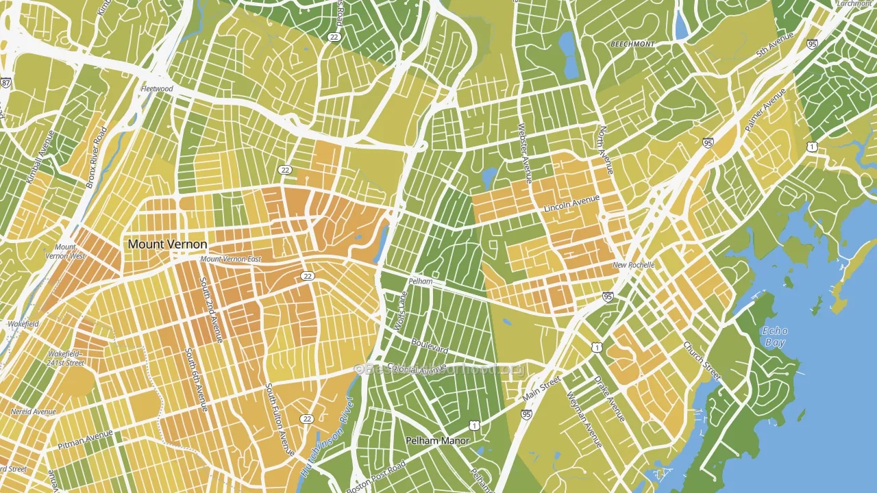 Map of the best neighborhoods in the Pelham area, with better matches in green and worse matches in red