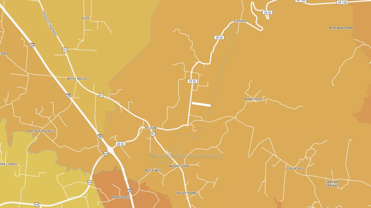 Map of the best neighborhoods in the Pelham area, with better matches in green and worse matches in red