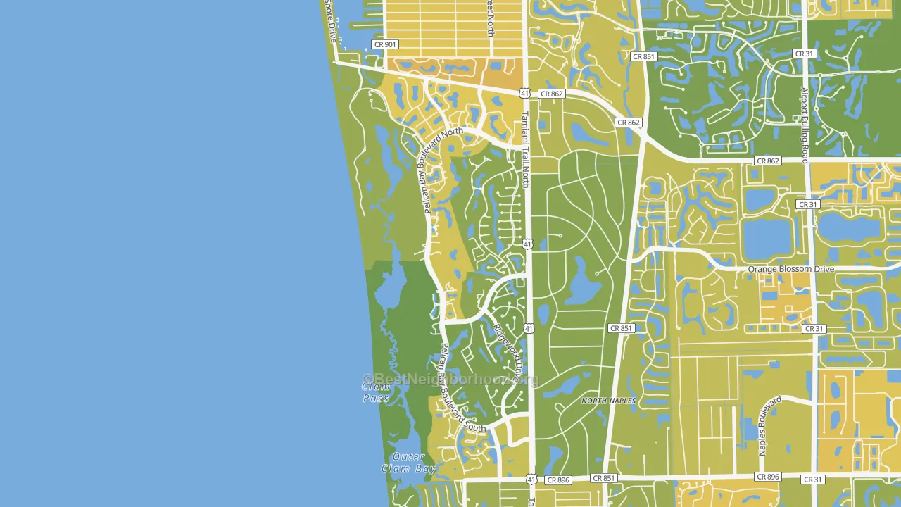 Map of the best neighborhoods in the Pelican Bay, Naples area, with better matches in green and worse matches in red