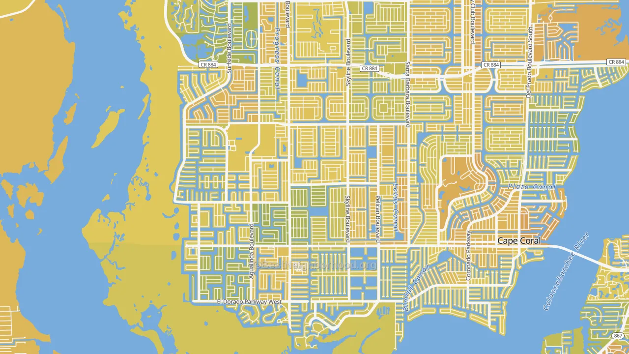 Map of the best neighborhoods in the Pelican, Cape Coral area, with better matches in green and worse matches in red