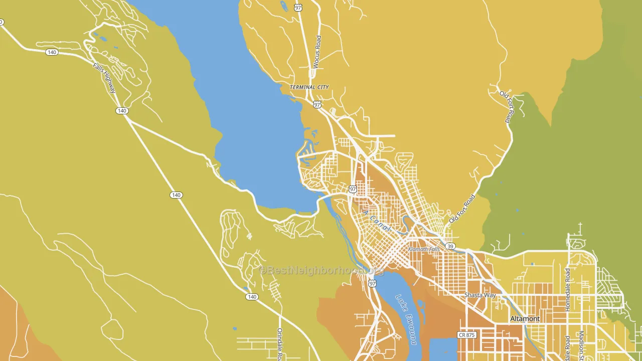 Map of the best neighborhoods in the Pelican City area, with better matches in green and worse matches in red