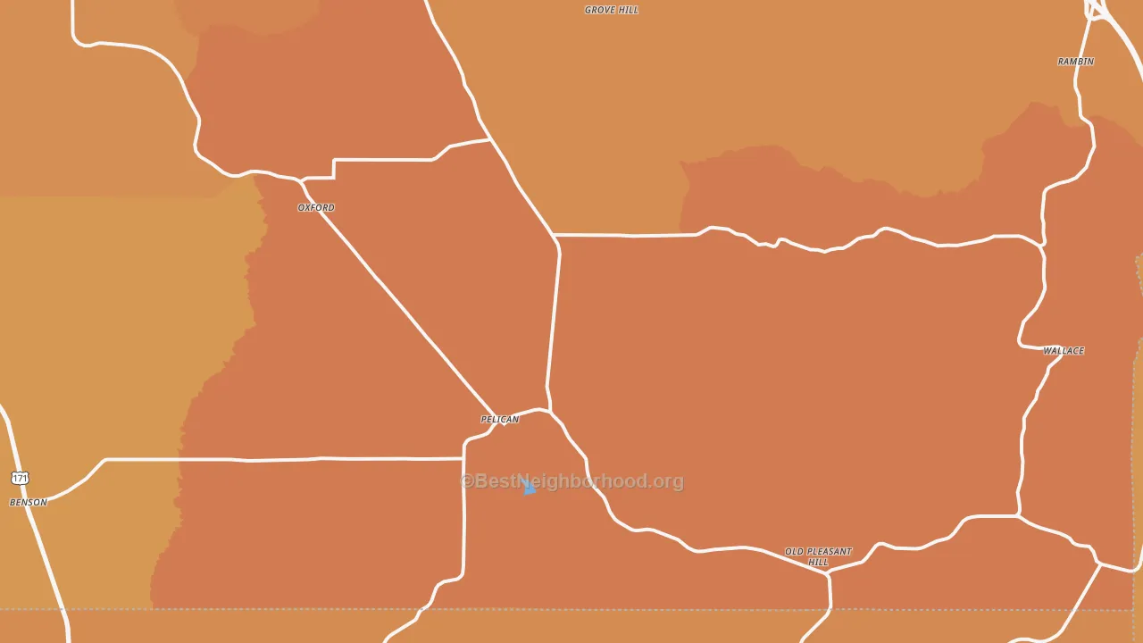 Map of the best neighborhoods in the Pelican area, with better matches in green and worse matches in red