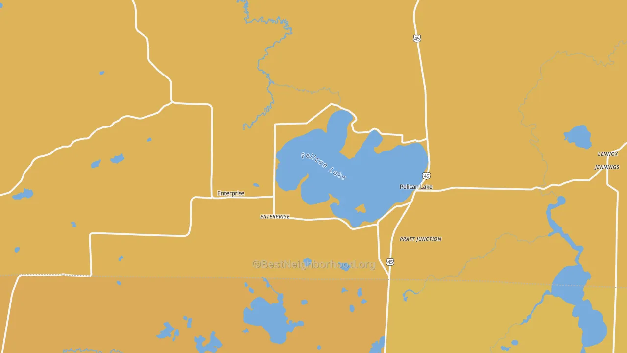 Map of the best neighborhoods in the Pelican Lake area, with better matches in green and worse matches in red