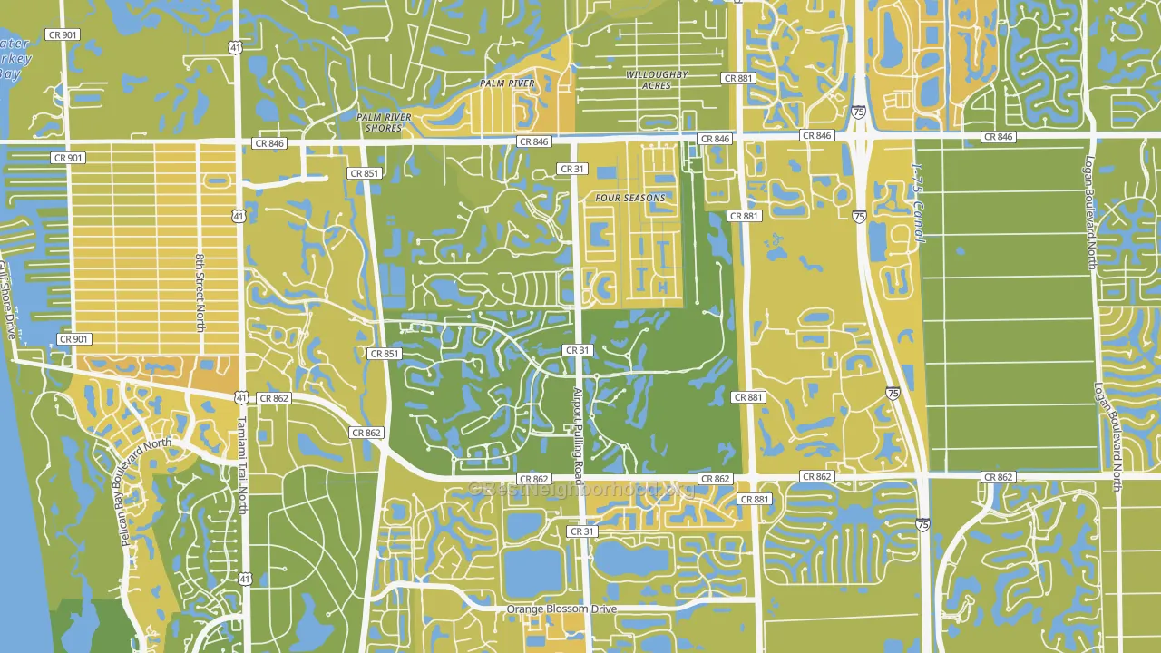 Map of the best neighborhoods in the Pelican Marsh, Naples area, with better matches in green and worse matches in red