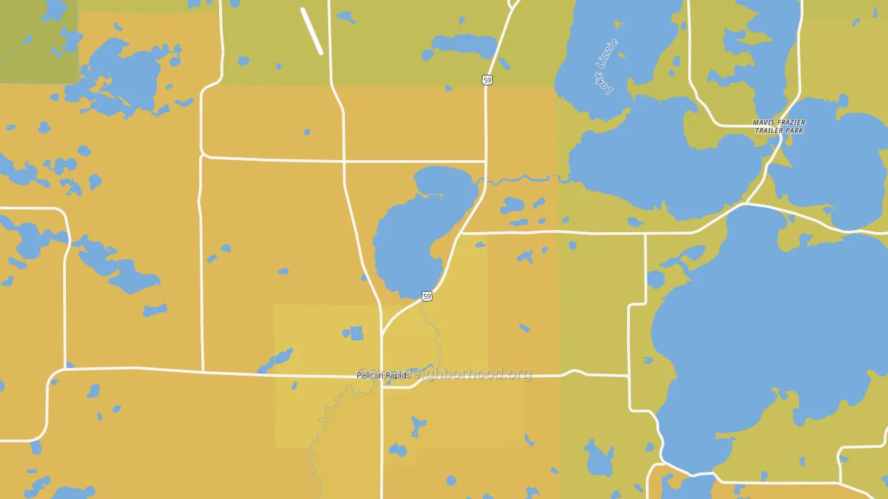 Map of the best neighborhoods in the Pelican Rapids area, with better matches in green and worse matches in red