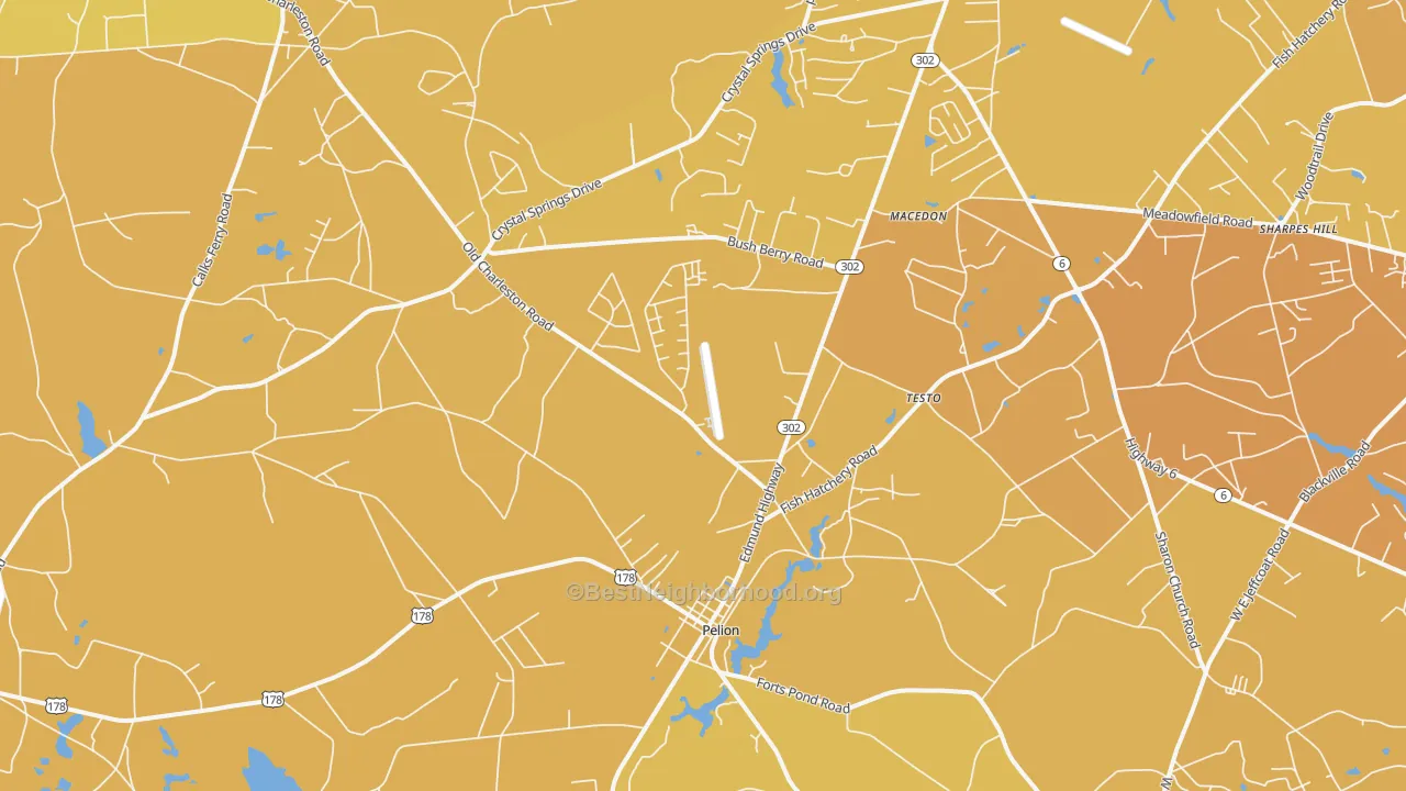 Map of the best neighborhoods in the Pelion area, with better matches in green and worse matches in red