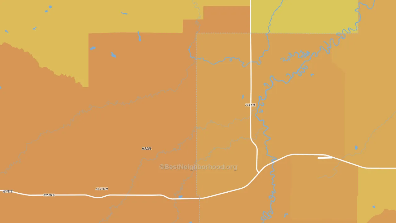 Map of the best neighborhoods in the Pelkie area, with better matches in green and worse matches in red
