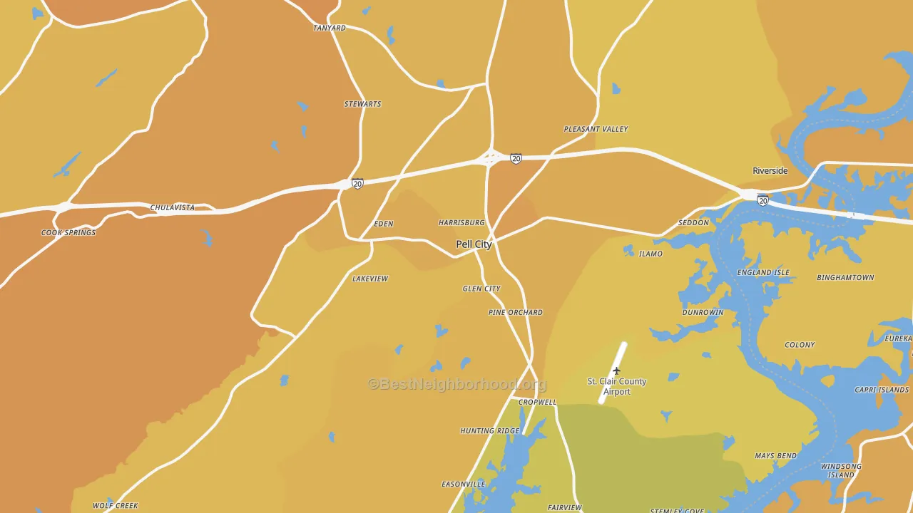 Map of the best neighborhoods in the Pell City area, with better matches in green and worse matches in red