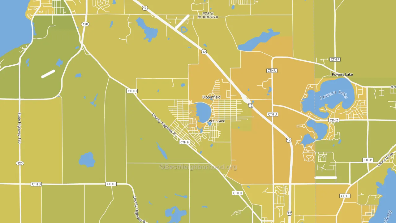 Map of the best neighborhoods in the Pell Lake area, with better matches in green and worse matches in red