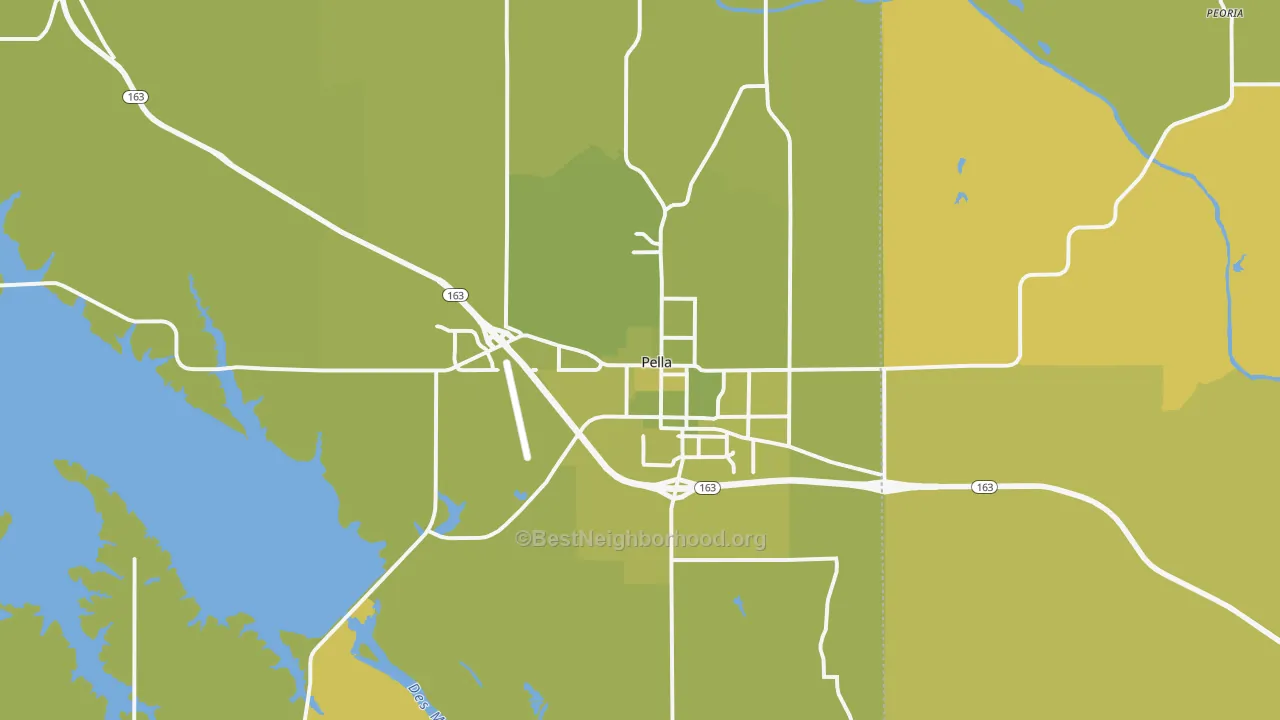 Map of the best neighborhoods in the Pella area, with better matches in green and worse matches in red