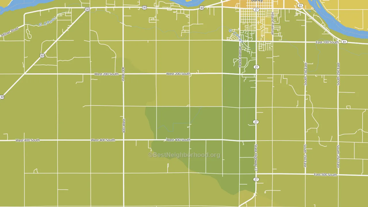 Map of the best neighborhoods in the Pella area, with better matches in green and worse matches in red