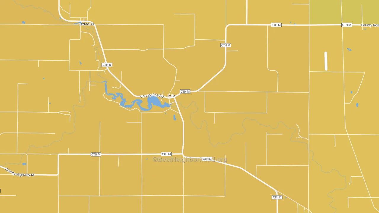 Map of the best neighborhoods in the Pella area, with better matches in green and worse matches in red