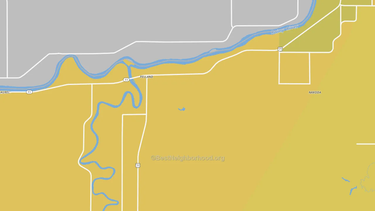 Map of the best neighborhoods in the Pelland area, with better matches in green and worse matches in red