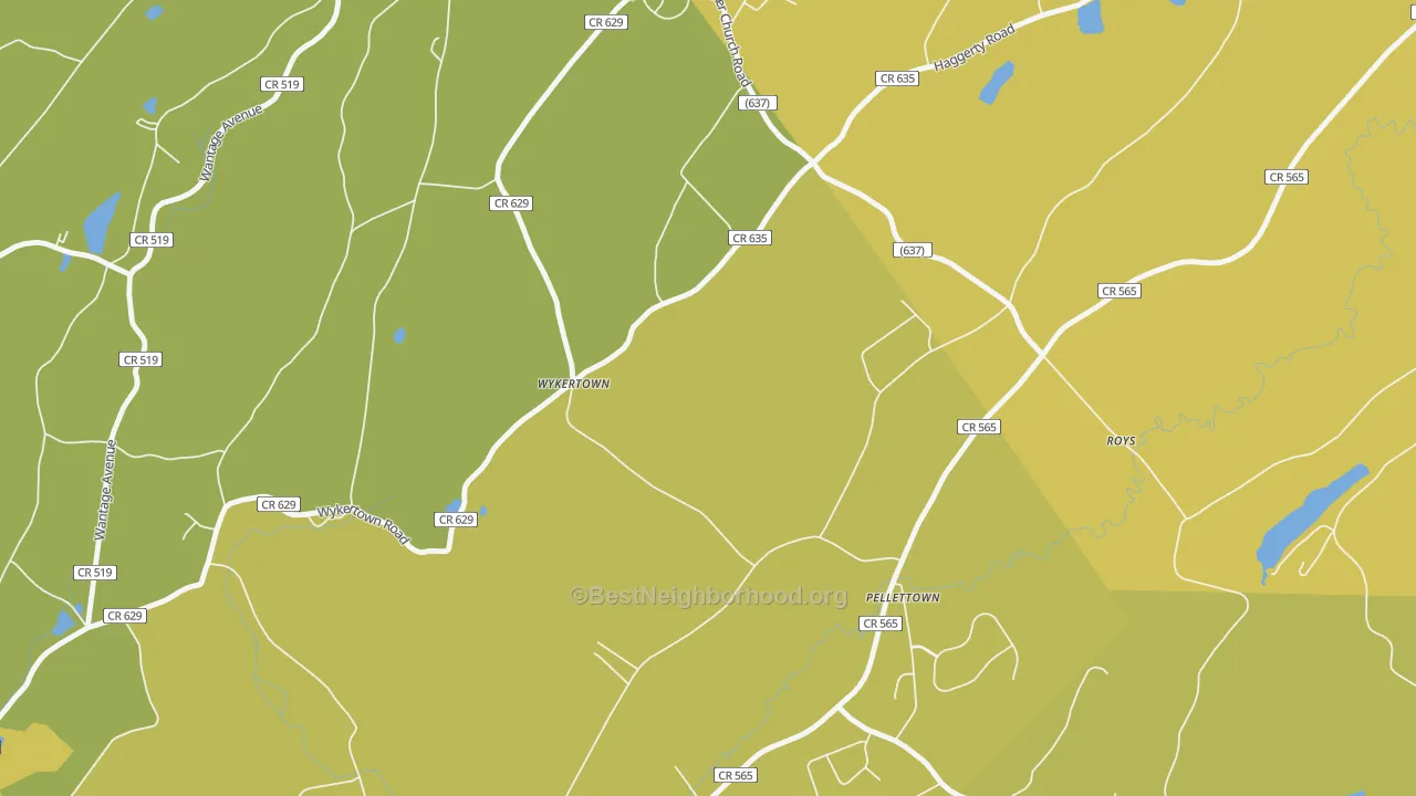 Map of the best neighborhoods in the Pellettown area, with better matches in green and worse matches in red