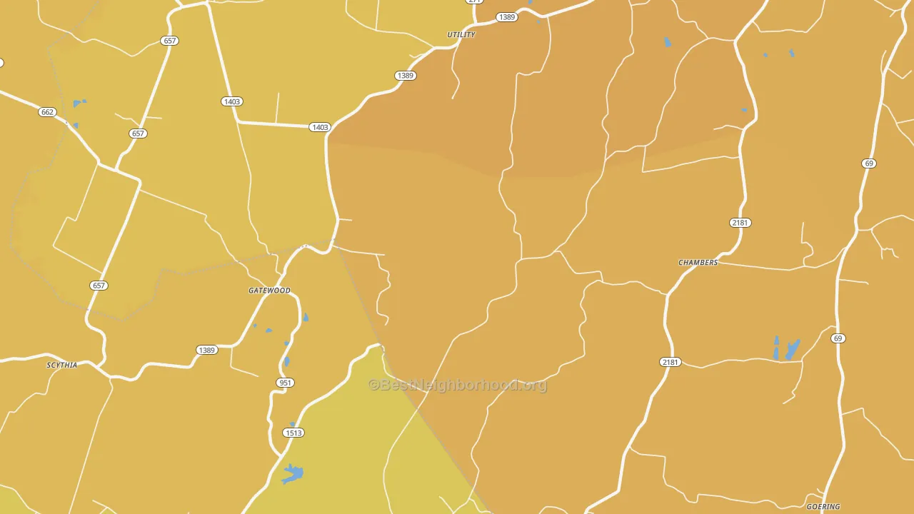 Map of the best neighborhoods in the Pellville area, with better matches in green and worse matches in red