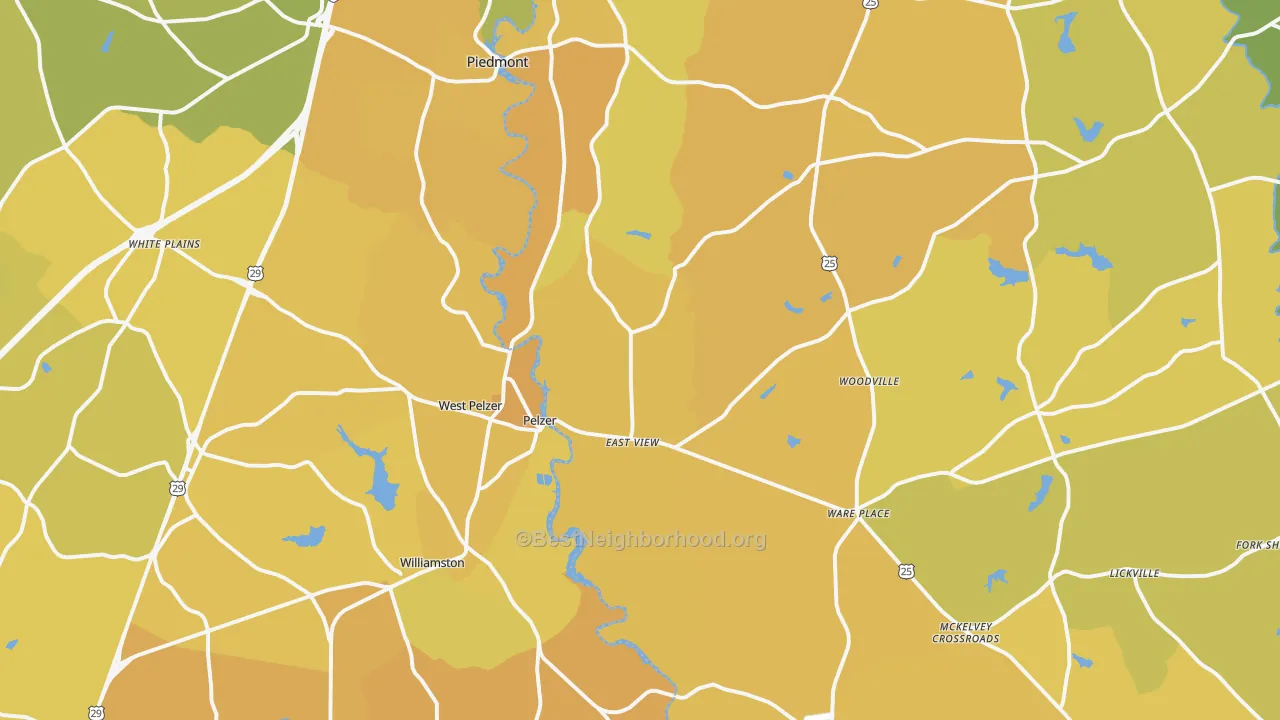 Map of the best neighborhoods in the Pelzer area, with better matches in green and worse matches in red